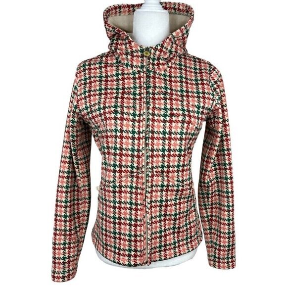 Burton Dryride Fleece Hoodie Womens Medium Red Green Houndstooth Full Zip Jacket